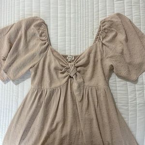 Beige Textured Dot Front Tie Ruffle Sleeve Maternity Midi Dress